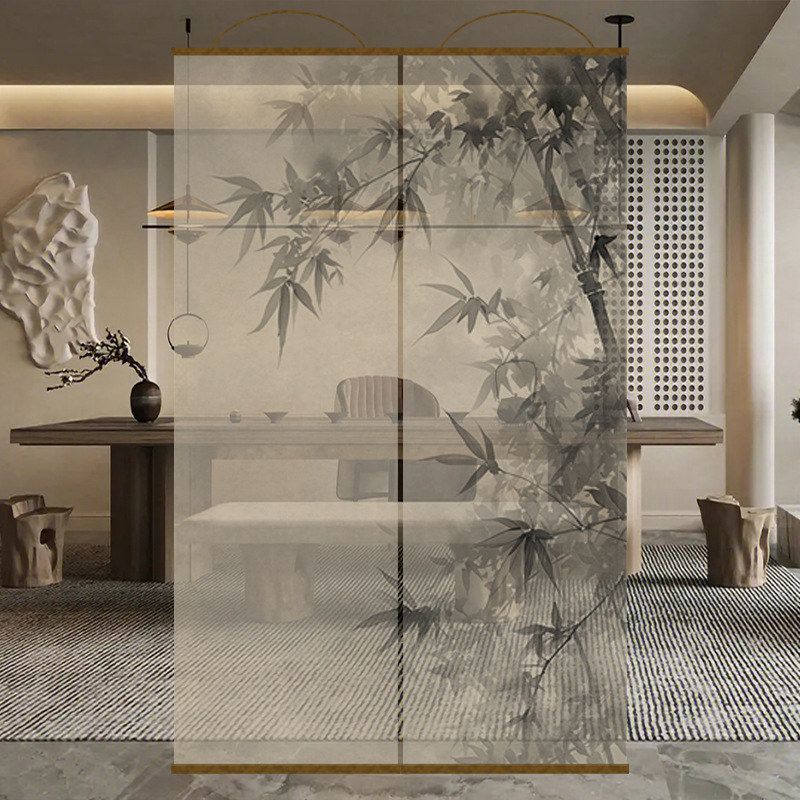 新中式水墨竹画文艺透景屏风纱卷帘隔断帘挂帘窗帘玄关透光纱帘