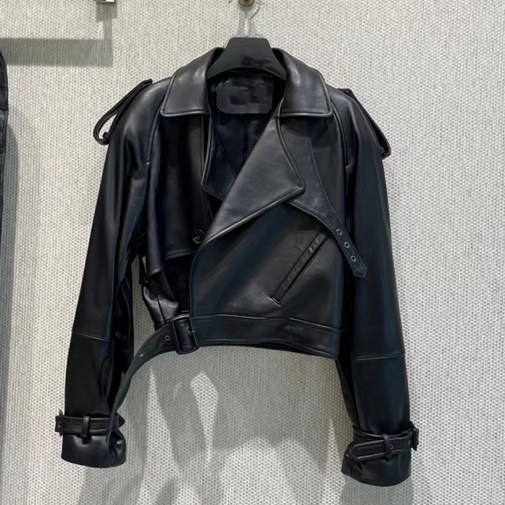 2023女士短款真皮皮衣绵羊皮宽松休闲皮夹克外套羊皮机车服欧美风