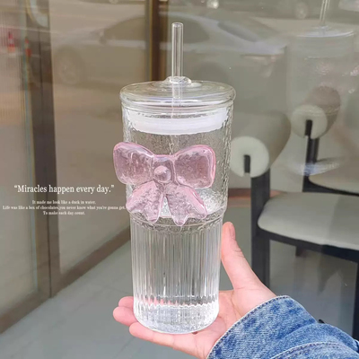 蝴蝶结高硼硅带盖大容量吸管杯
