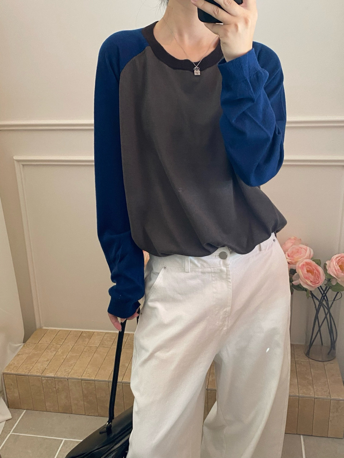 欧货极简风拼色插肩袖细羊毛针织衫女秋季新韩系宽松休闲减龄上衣