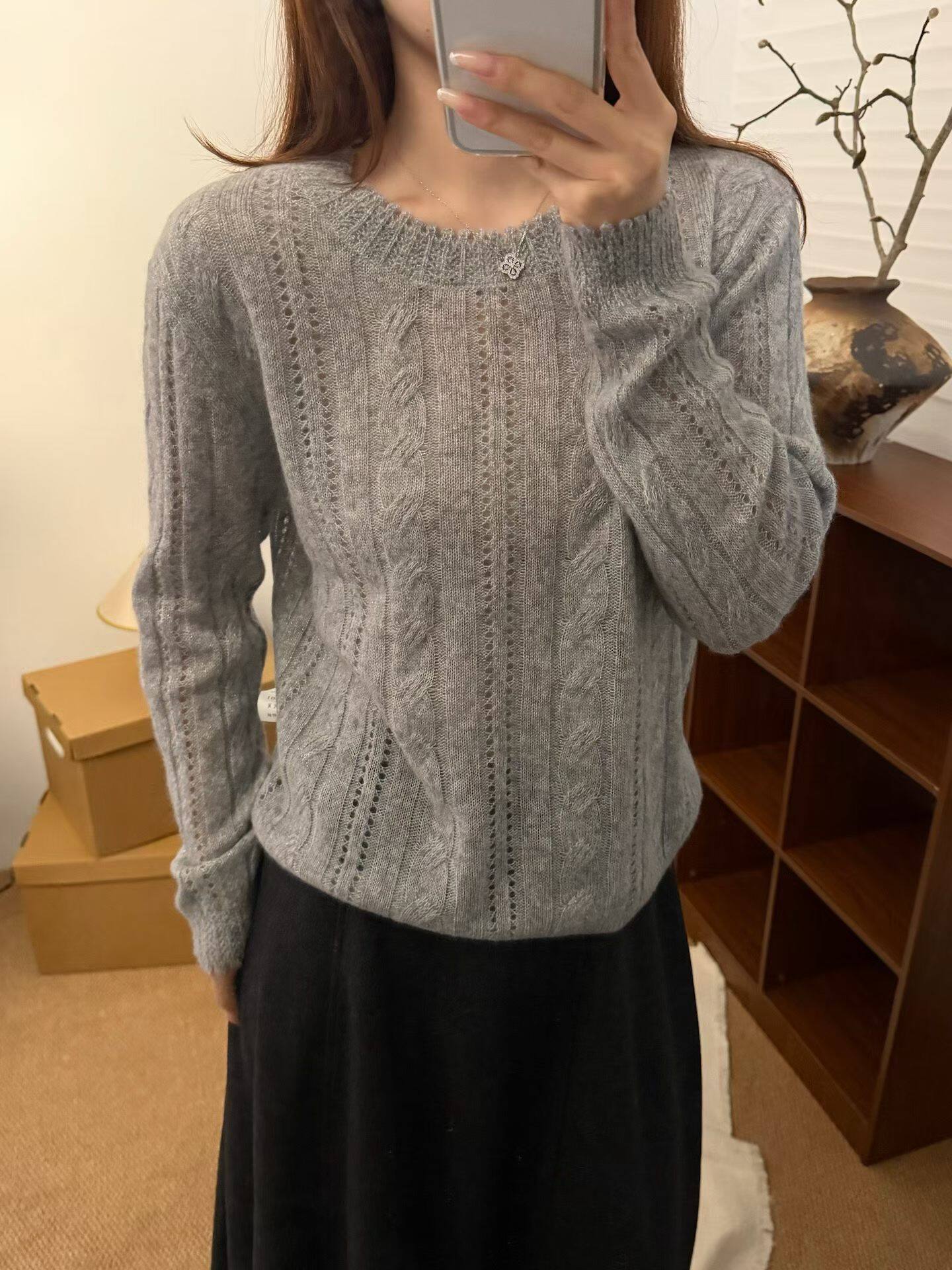 麻花镂空羊毛混纺针织衫女圆领长袖宽松毛衣秋季穿搭针织衫192880