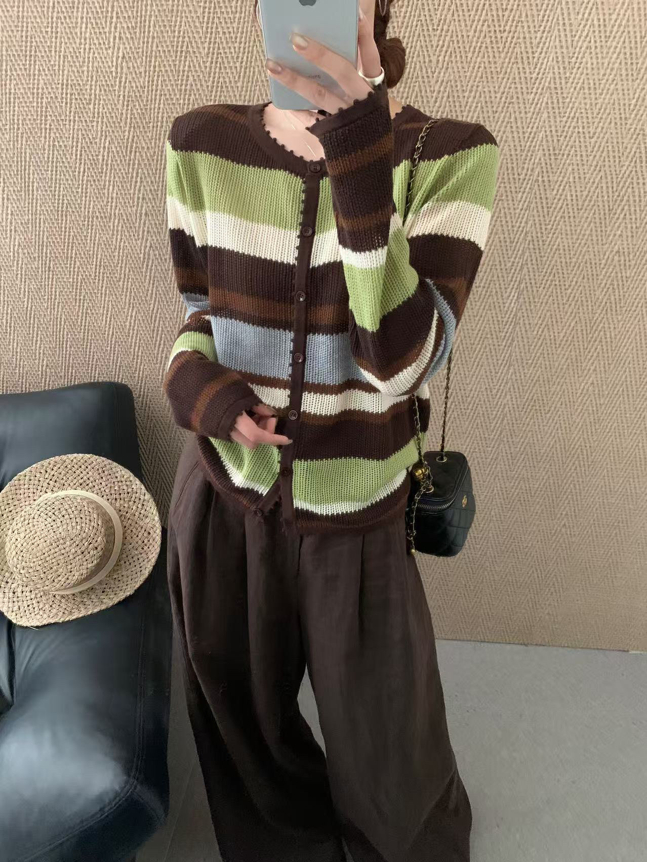 2026早秋季新款韩版宽松显瘦圆领条纹长袖针织开衫女上衣潮87150