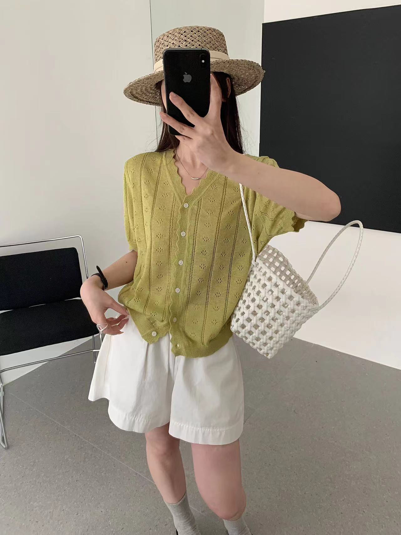 竹节麻镂空波浪边V领短袖针织开衫女2026夏季宽松显瘦百搭上衣