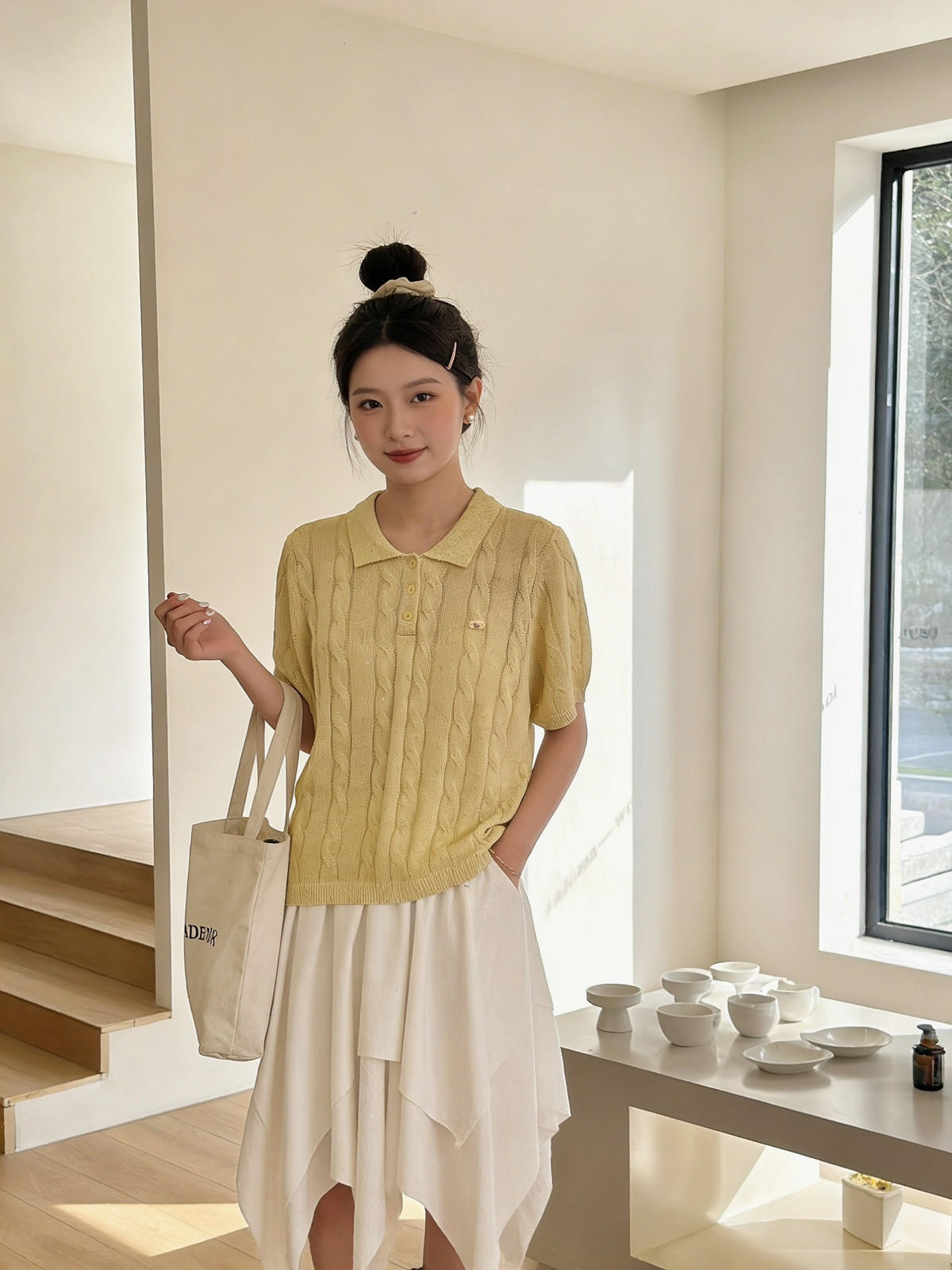 夏季新款翻领半开纽扣麻花纹针织衫女时尚短袖百搭显瘦上衣39101