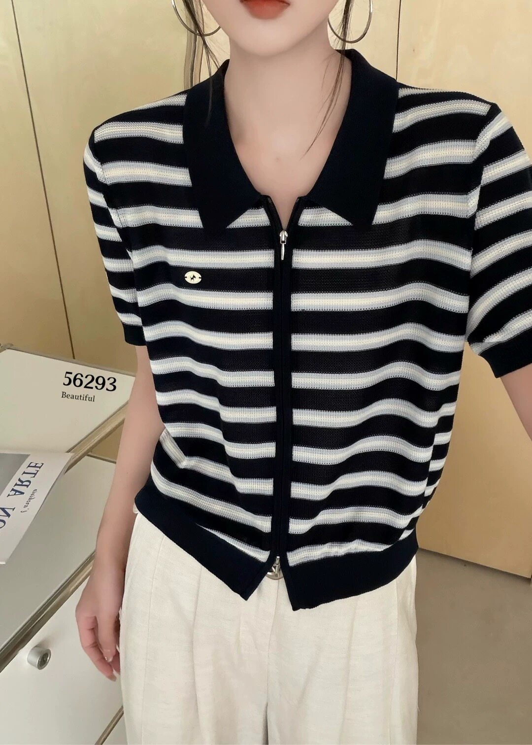 翻领短袖针织衫女开衫毛衣上衣冰丝亚麻夏季拼色条纹拉链外穿舒适
