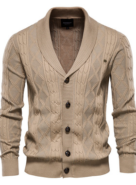 针织开衫毛衣男外套春秋青果领麻花纯棉V领男款高端针织衫潮复古