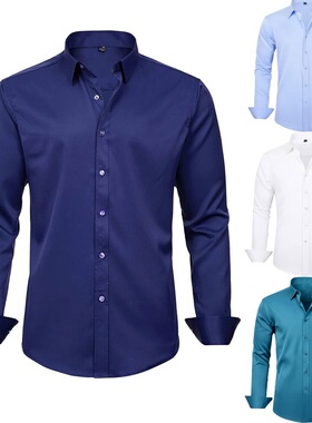 亚马逊四面弹力正装衬衫男士修身长袖纯色简约男衬衫商务休闲男装