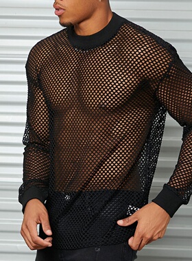男士纯棉网眼长袖落肩t恤性感夜店服健身透气网纱镂空打底衫