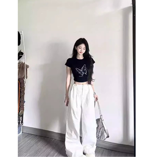 知名度SHOP 黑色短袖女蝴蝶印花T恤夏季纯欲辣妹正肩修身短款上衣