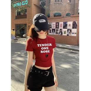 知名度SHOP 美式甜酷字母印花短袖T恤女夏季修身显瘦短款圆领上衣