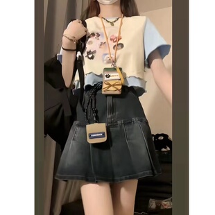 知名度SHOP 复古撞色拼接短袖T恤女夏外穿甜酷设计感小众短款上衣