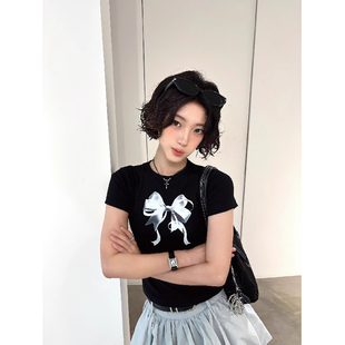 知名度SHOP 美式黑色蝴蝶结印花短袖T恤女夏季修身正肩辣妹上衣潮