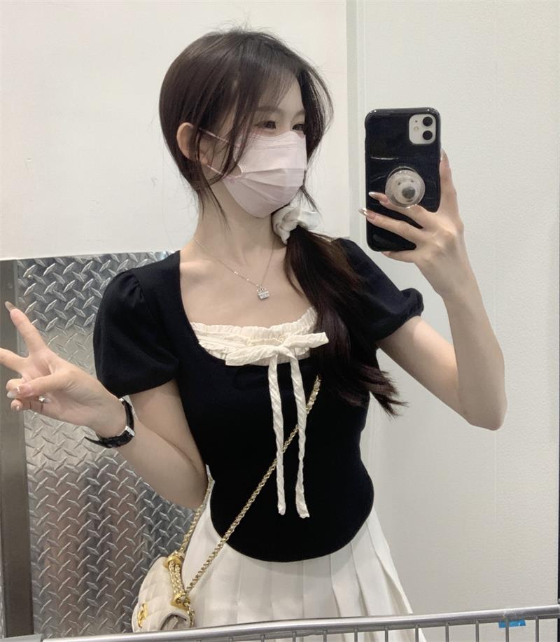 纯欲芭蕾风不规则方领短袖T恤女夏季设计感小众修身短款别致上衣