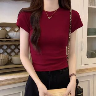 知名度SHOP 酒红色正肩短袖T恤女装夏季新款辣妹修身显瘦百搭上衣