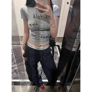 知名度SHOP 美式正肩灰色短袖T恤女夏季新款辣妹修身短款绝美上衣