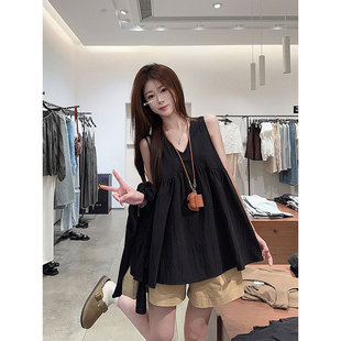 小个子宽松韩系外穿吊带女娃娃衫 设计感黑色V领无袖 背心上衣夏季
