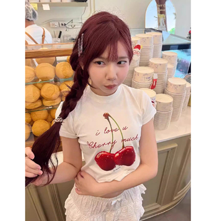 知名度SHOP 韩系甜美樱桃印花短袖T恤女夏季正肩圆领修身短款上衣