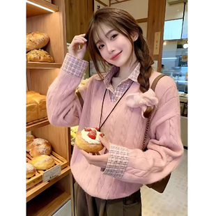 巨好看假两件格子拼接polo领针织衫女款秋冬韩系甜美宽松麻花毛衣