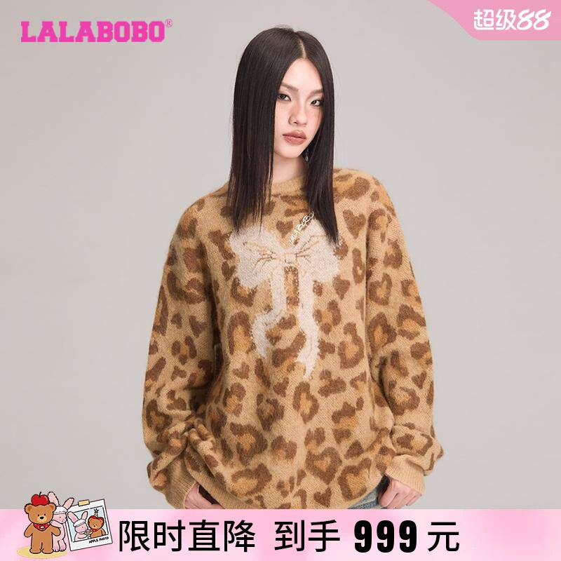 LALABOBO圆领长袖毛衣豹纹蝴蝶结