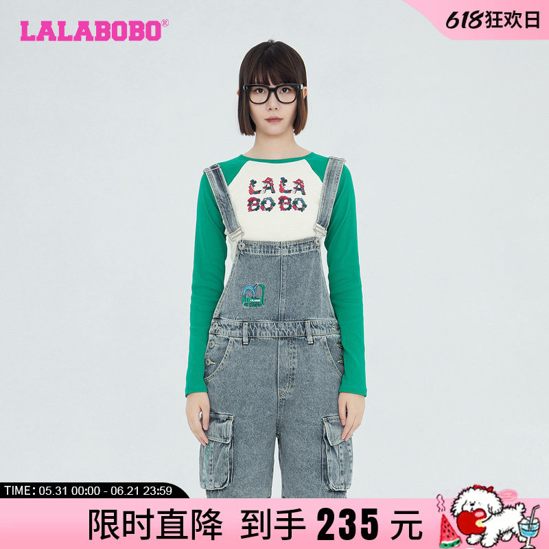 LALABOBO早秋新品复古运动背带直角牛仔连体五分裤女|LBCB-WLZT14