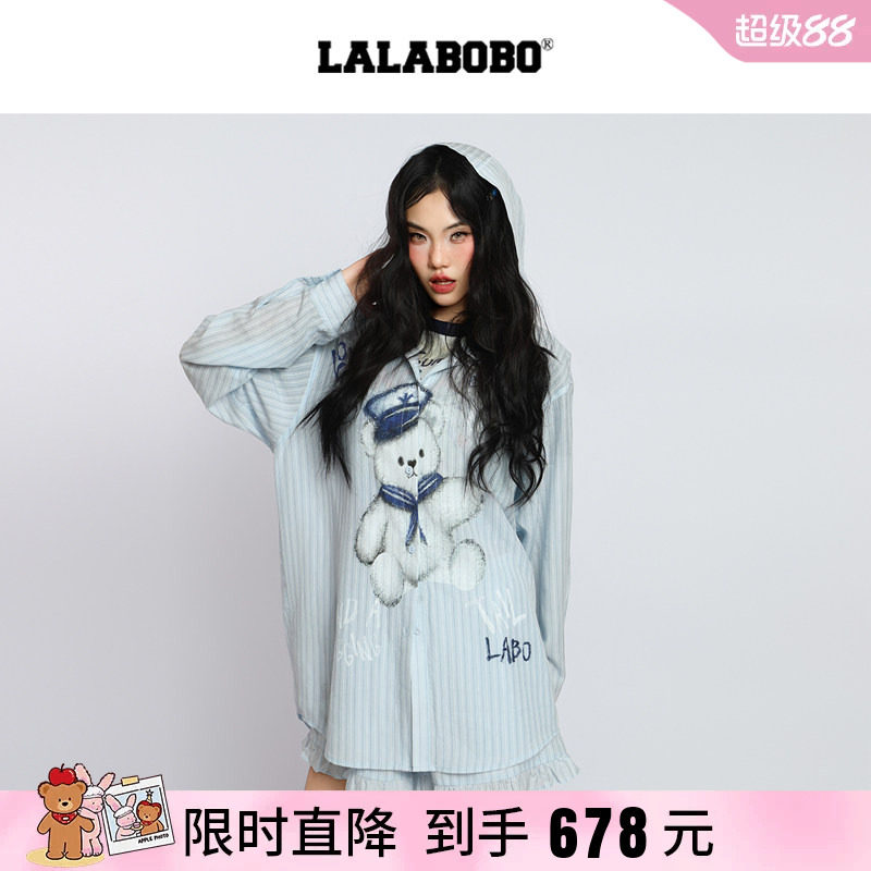 薄外套小熊印花蓝色条纹宽松衬衫