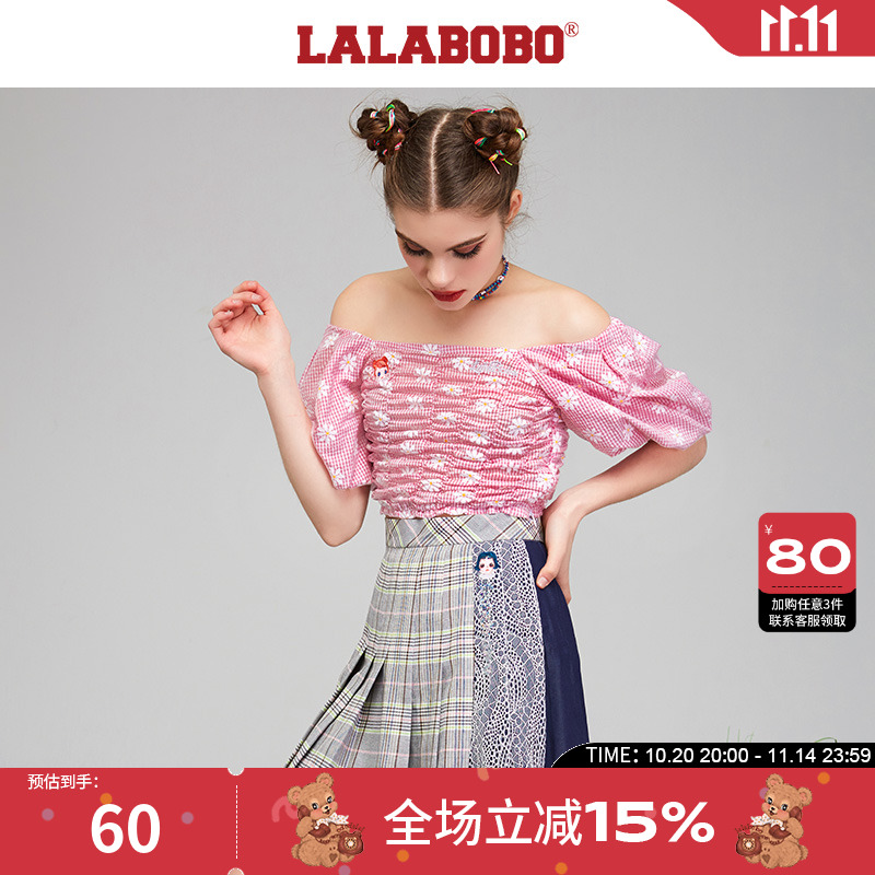 LALABOBO夏新品复古短款露脐衬衫