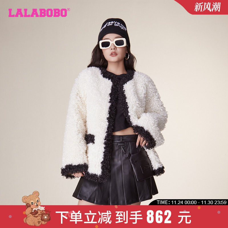 可爱保暖撞色圆领毛绒外套