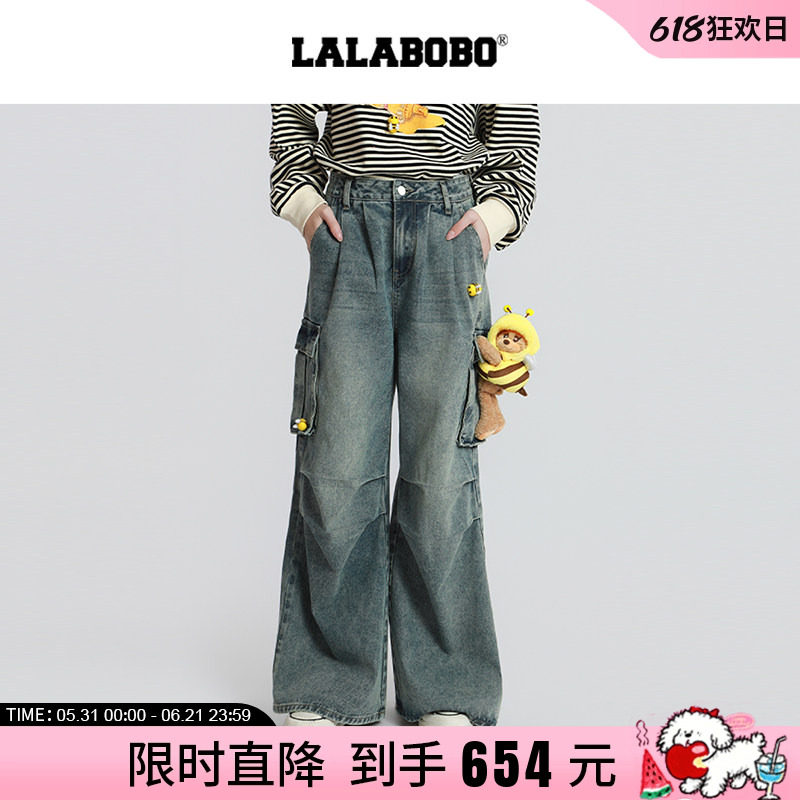 【商场同款】LALABOBO25年冬新款直筒裤美式复古做旧玩偶熊牛仔裤