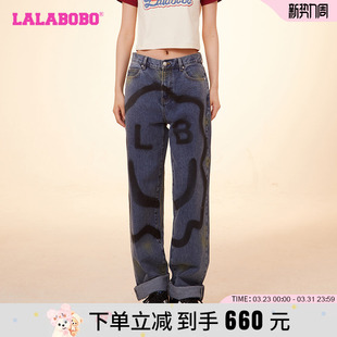 LBDA LALABOBO24春季 女 简约高腰直筒手绘笑脸牛仔裤 WXZC42 新款