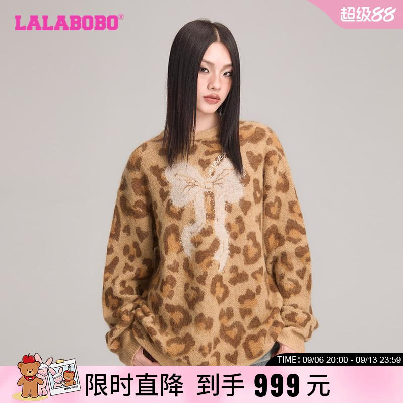 LALABOBO圆领长袖毛衣豹纹蝴蝶结