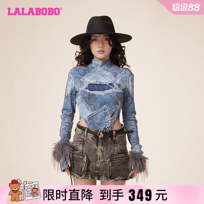 辣妹拼接休闲网纱高领长袖T恤女