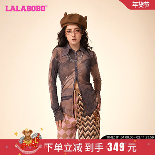 李欣燃同款LALABOBO春新休闲废土网纱熊翻领长袖T恤女LBDA-WSDT17