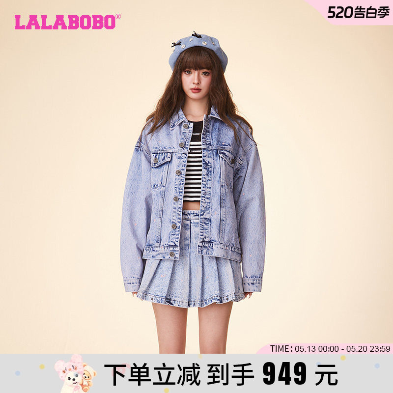 LALABOBO24春宽松休闲复古风牛仔衣翻领纯棉夹克外套LBDA-WSJW11
