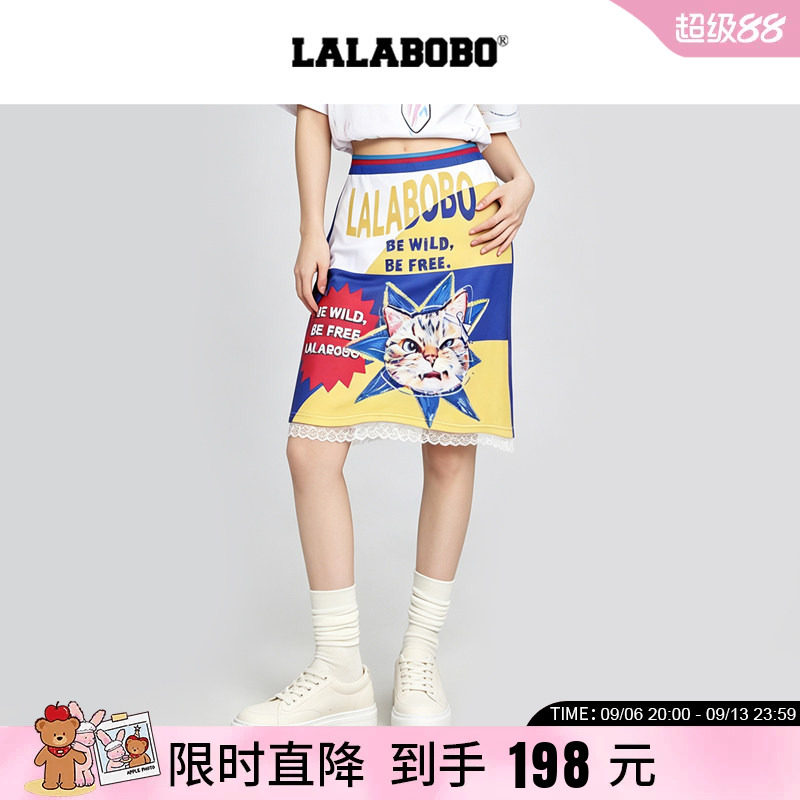 【复古拼豆】LALABOBO26年秋新款短裙美式撞色猫咪印花A字半身裙