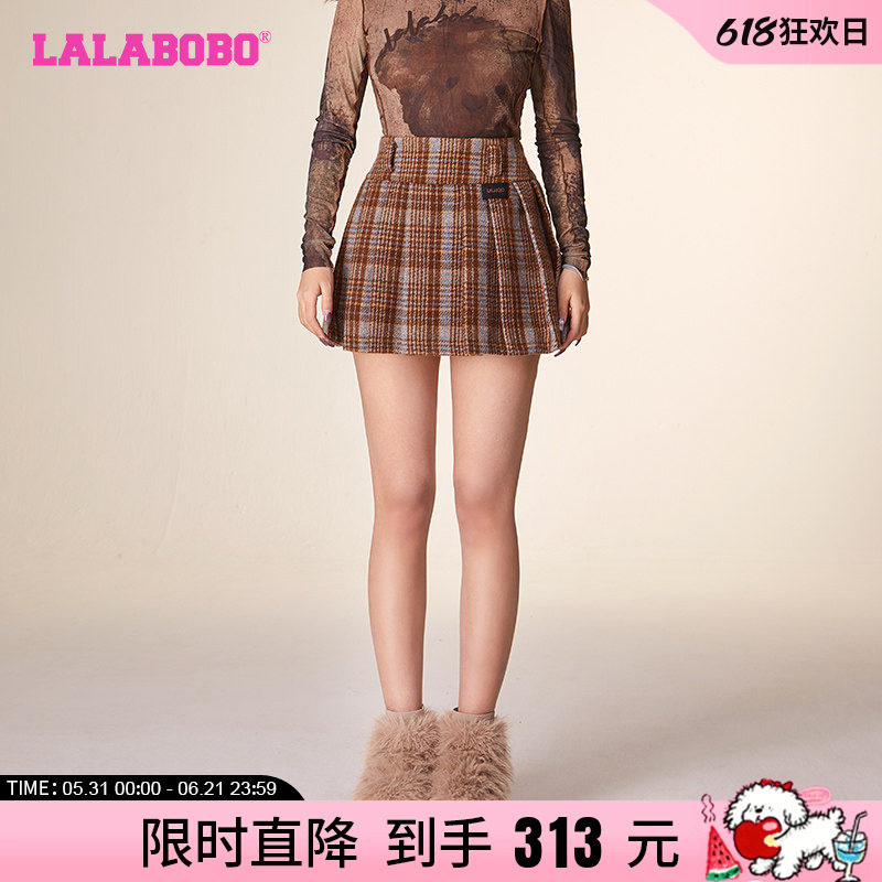 LALABOBO早秋新品潮流款腰带格纹百褶梭织短裙半身裙|LBCD-WXZQ29