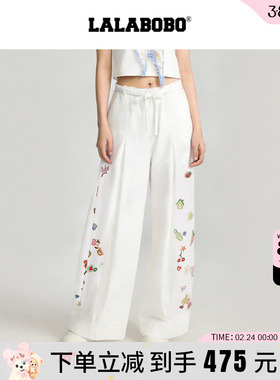 【商场同款】LALABOBO26年春新款白色阔腿裤女贴纸印花纯棉休闲裤