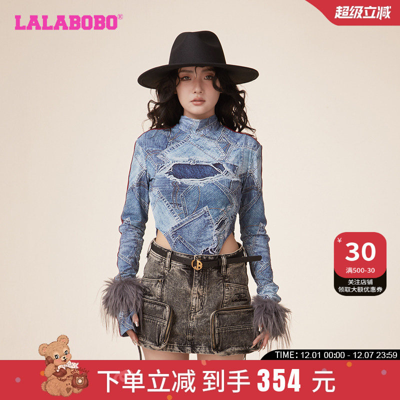 辣妹拼接休闲网纱高领长袖T恤女