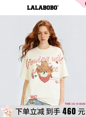 【商场同款】LALABOBO26年春新款短袖女可爱西部小熊印花宽松T恤