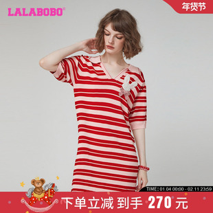 【商场同款】 LALABOBO夏T恤连衣裙女新款条纹甜酷气质流行短裙