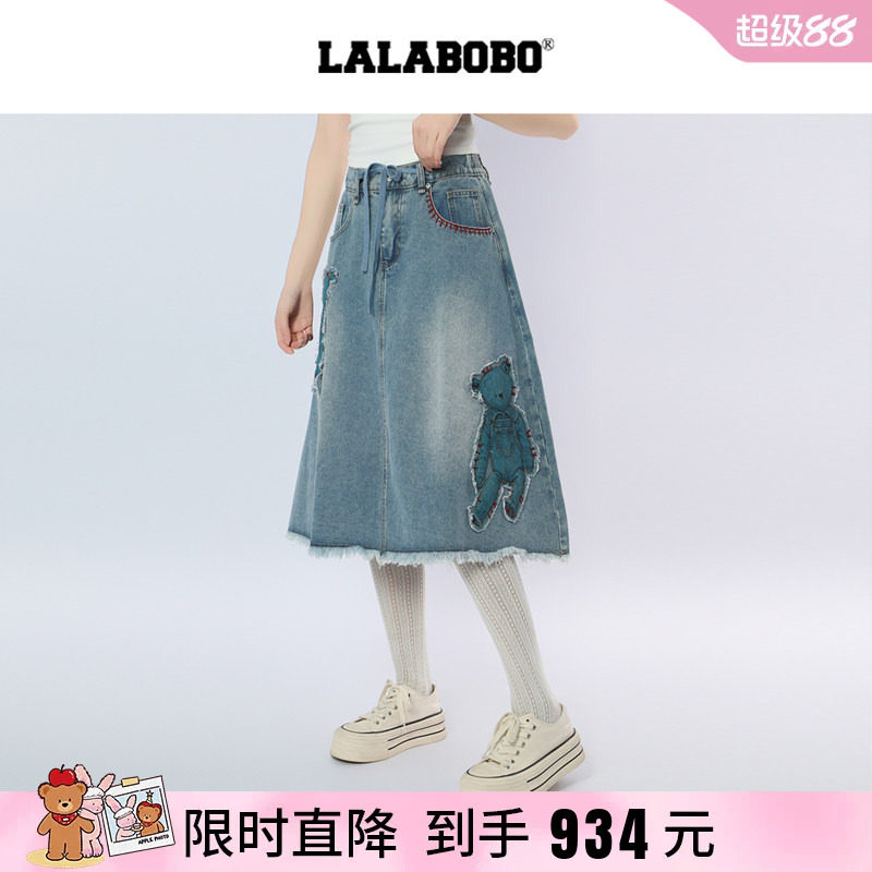 牛仔裙贴布小熊高腰A字半身裙