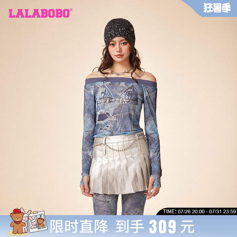 休闲废土风网纱一字领长袖T恤女