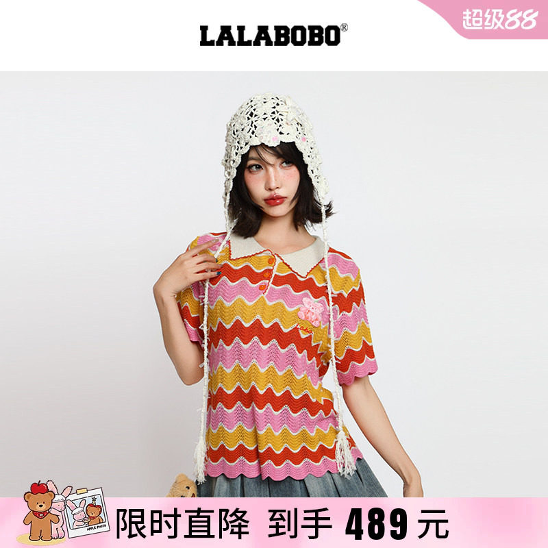 LABO波浪纹毛织polo领短袖T