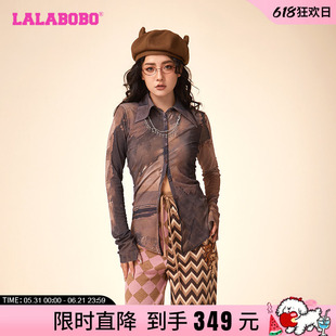 李欣燃同款LALABOBO春新休闲废土网纱熊翻领长袖T恤女LBDA-WSDT17