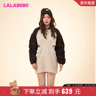 招财熊 LBDA LALABOBO24春季 复闲收腰拼色连帽连衣裙 WLZY16 新款