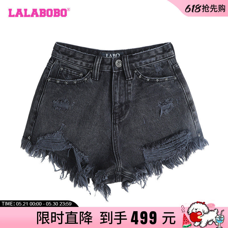 LALABOBO24早秋新款复古休闲纯色高腰纯棉牛仔短裤女|LBDB-WXZD11