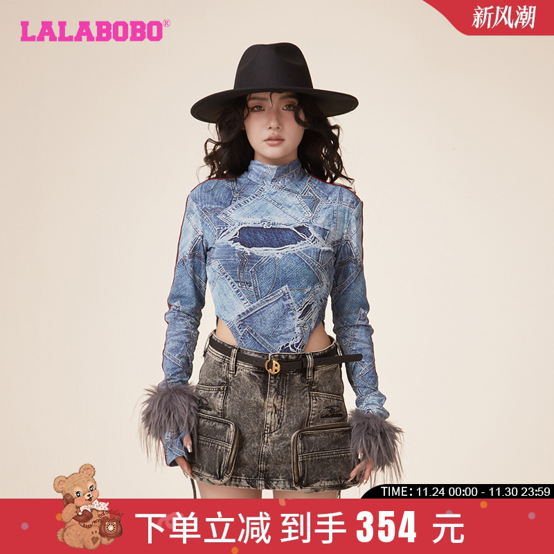 辣妹拼接休闲网纱高领长袖T恤女