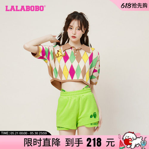 拼色菱形水果翻领短袖女针织线衫