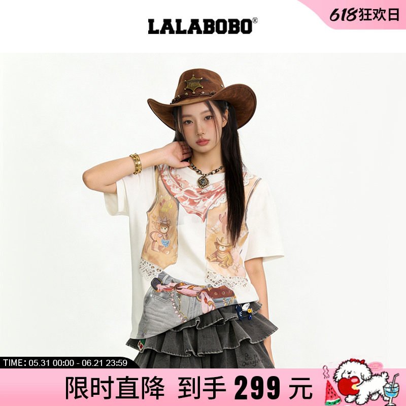 【商场同款】LALABOBO26年新款短袖女3D西部牛仔印花修身正肩T恤