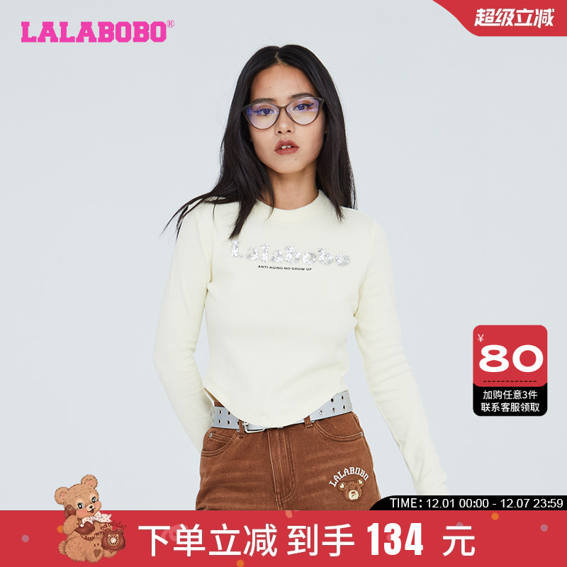 LALABOBO早秋新品潮流百搭金属荆棘熊圆领长袖T恤女|LBCC-WSDT28