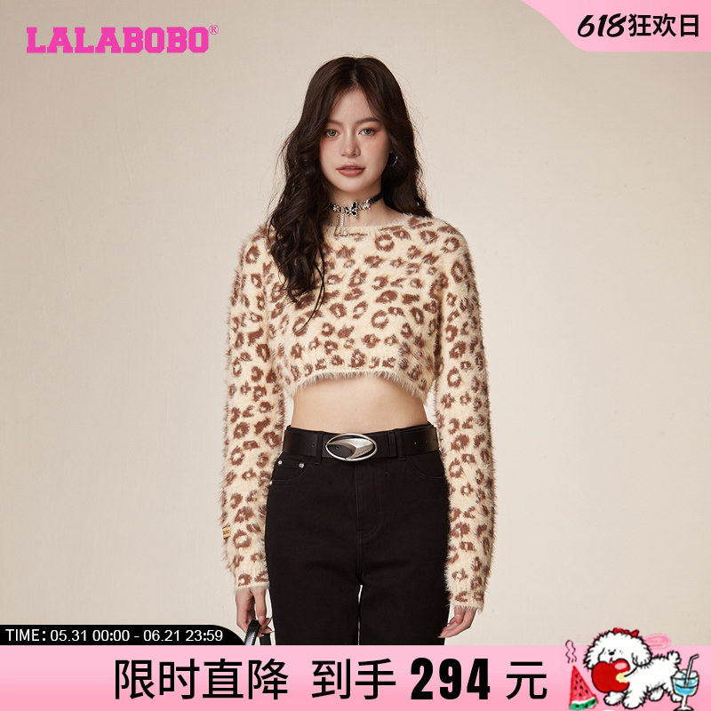 【刘考拉同款】新国潮LALABOBO早秋豹纹针织上衣百搭套头短款毛衣